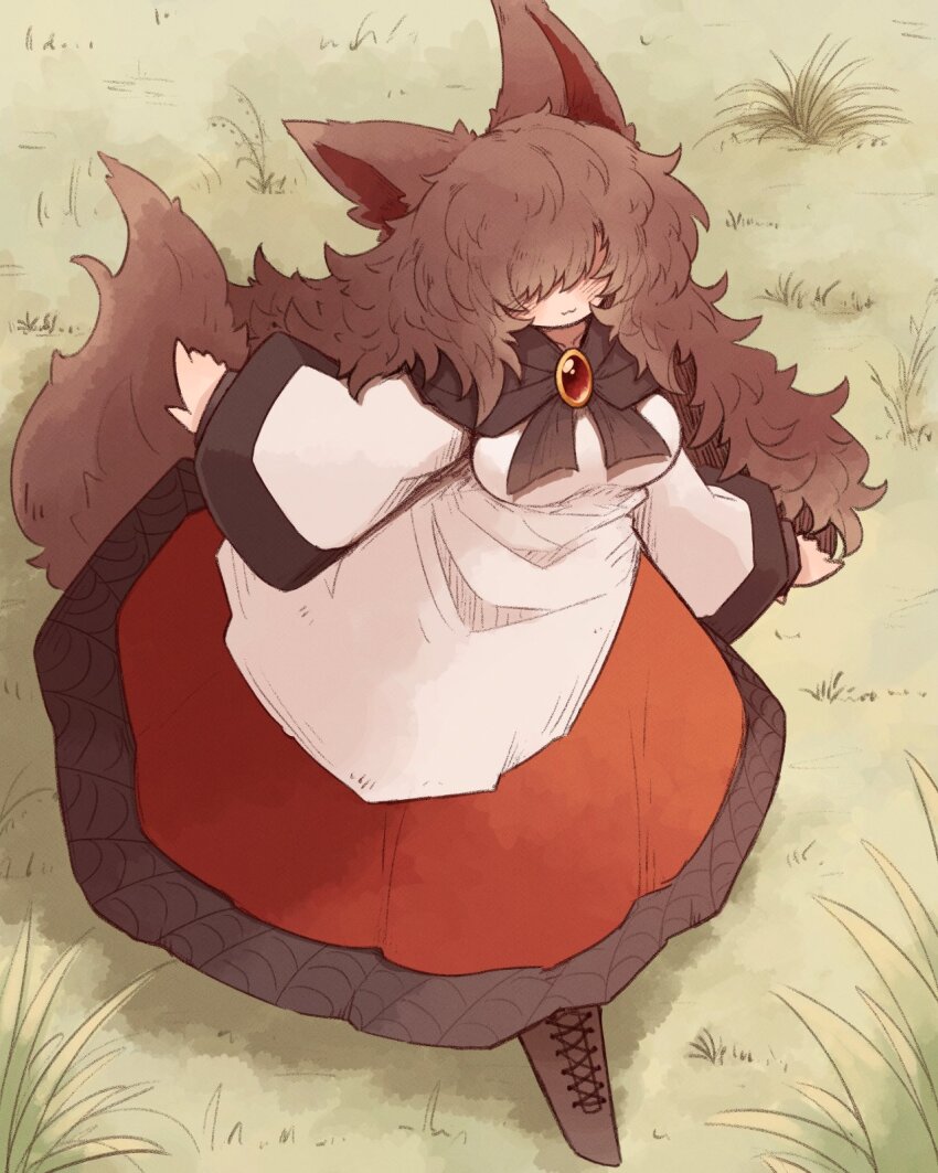 1girl animal_ears blush brown_hair closed_mouth commentary_request cross-laced_clothes dress full_body grass hair_over_eyes highres imaizumi_kagerou kaginoni long_hair long_sleeves outdoors red_dress solo tail touhou two-tone_dress white_dress wolf_ears wolf_girl wolf_tail