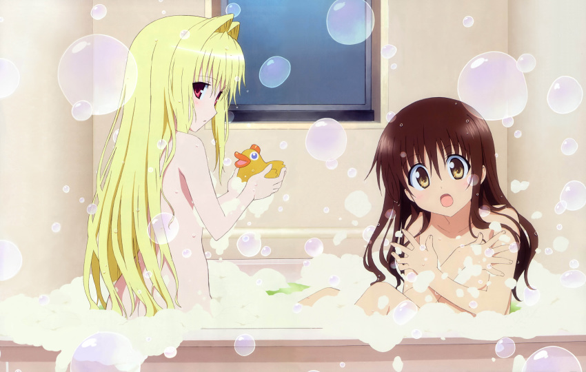 00s 2girls absurdres ass bath bath_toy bathing bathing_together bathroom bathtub blonde_hair breast_hold breasts brown_eyes brown_hair bubble bubble_bath butt_crack covering_breasts covering_privates flat_chest highres konjiki_no_yami long_hair multiple_girls nude nude_cover red_eyes rubber_duck same-sex_bathing shared_bathing to_love-ru water wet yuuki_mikan