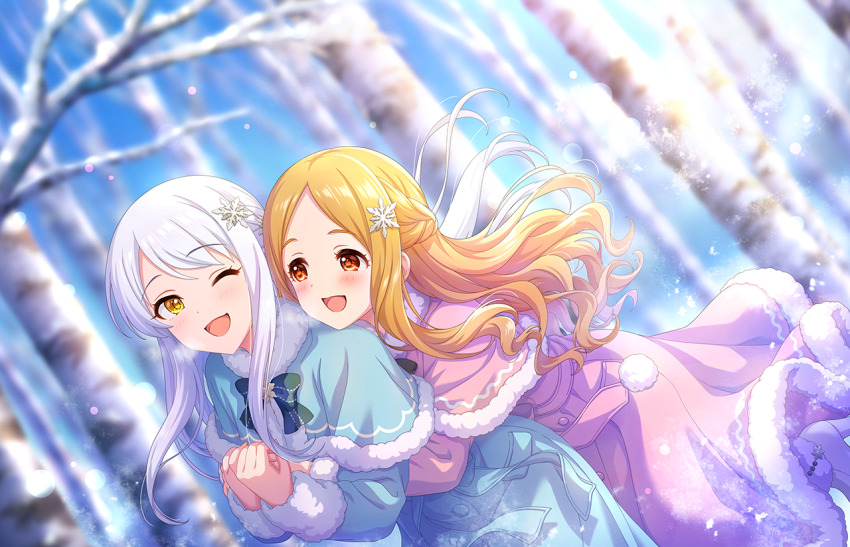 2girls blonde_hair blurry blurry_background branch coat eve_santaclaus fur_trim game_cg hair_ornament high_heels hug hug_from_behind idolmaster idolmaster_cinderella_girls idolmaster_cinderella_girls_starlight_stage mochizuki_hijiri multiple_girls official_art one_eye_closed open_mouth red_eyes snow snowflake_hair_ornament sunlight tree white_hair yellow_eyes