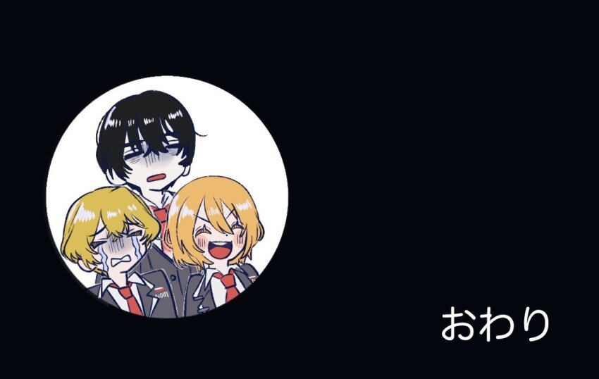 1girl 2boys black_background black_hair blonde_hair clenched_teeth closed_eyes crying don_quixote_(project_moon) limbus_company multiple_boys open_mouth project_moon simple_background sinclair_(project_moon) smile tama_launcher teeth the_end_(phrase) yi_sang_(project_moon)