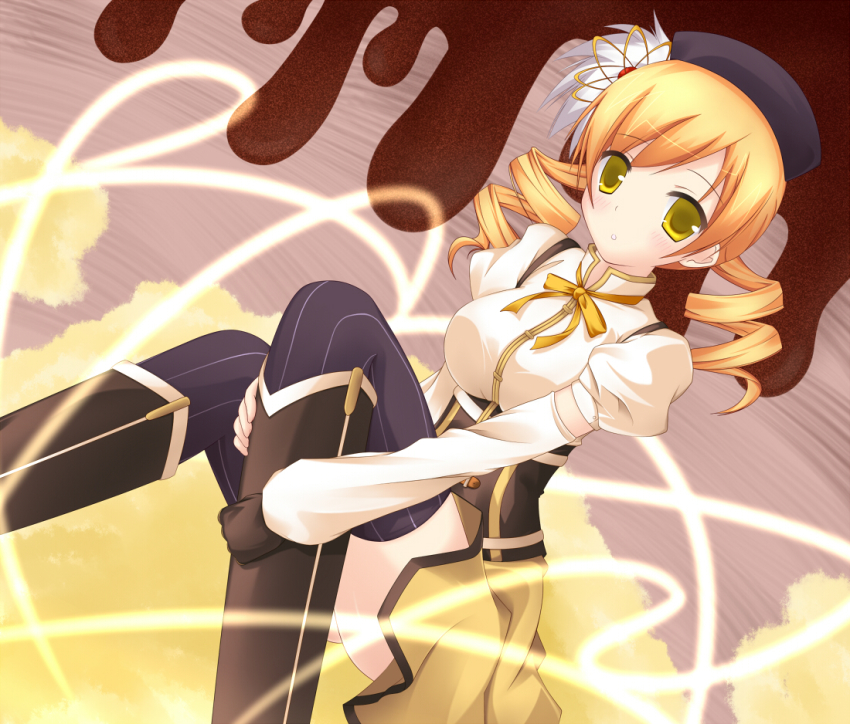 10s 1girl :o bad_id bad_pixiv_id beret blonde_hair boots breasts corset drill_hair dutch_angle female_focus hair_ornament hat hugging_own_legs magical_girl mahou_shoujo_madoka_magica mahou_shoujo_madoka_magica_(anime) medium_breasts mo-tototo pleated_skirt puffy_sleeves shirt skirt solo taut_clothes taut_shirt thighhighs tomoe_mami tomoe_mami_(magical_girl) yellow_eyes