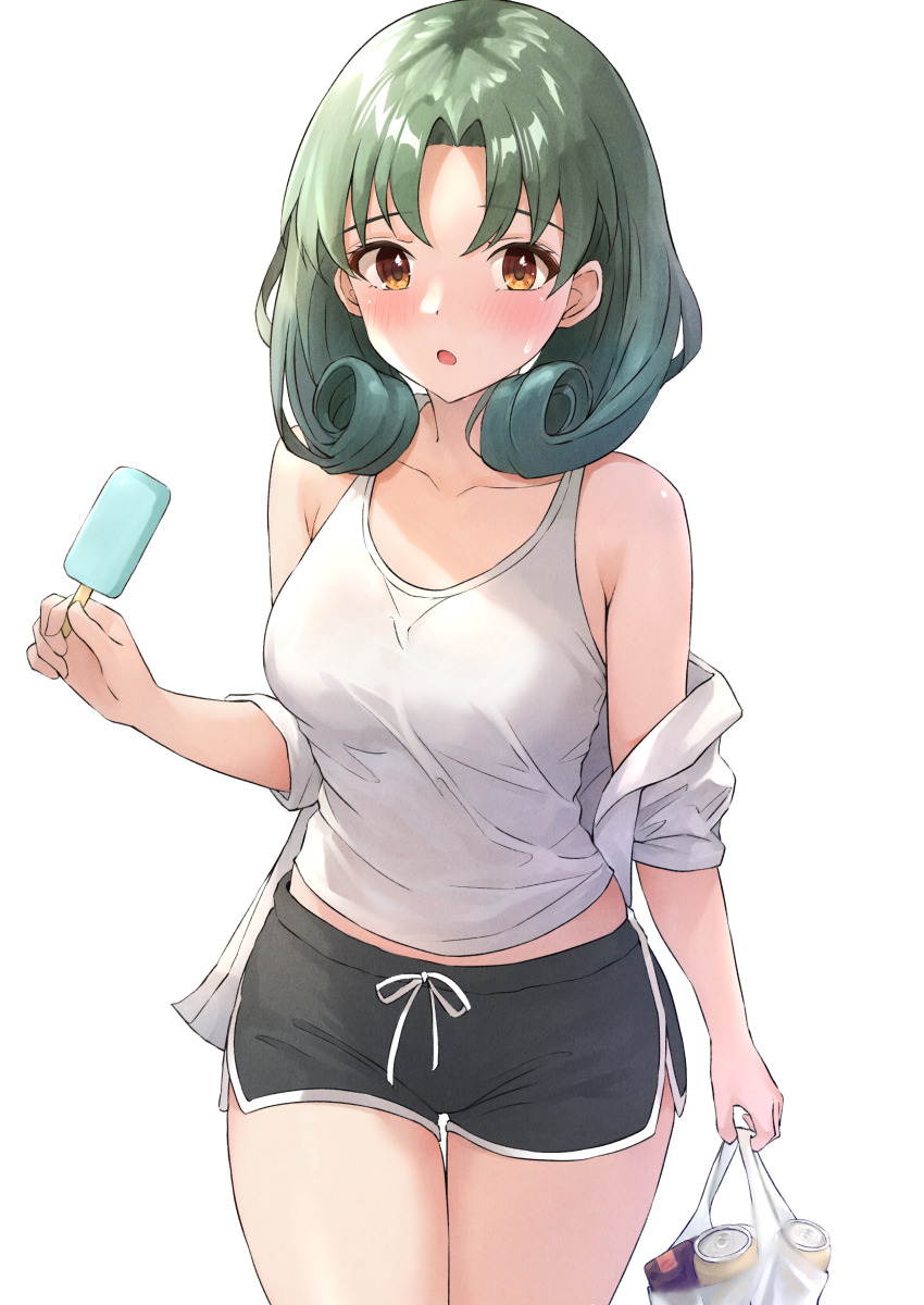 1girl absurdres alternate_costume b1ack_illust bag blush breasts camisole collarbone dolphin_shorts green_hair highres holding holding_bag holding_food holding_ice_cream ice_cream ice_cream_bar idolmaster idolmaster_million_live! looking_at_viewer medium_breasts midriff_peek plastic_bag shorts side_slit simple_background solo sweatdrop tokugawa_matsuri white_background white_camisole