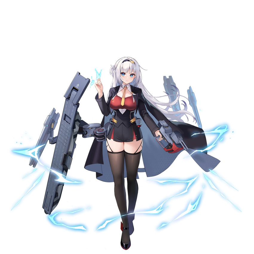 artist_request black_cape black_jacket blue_eyes cape flight_deck full_body highres intrepid_(warship_girls_r) jacket lightning machinery necktie official_art rigging solo thighhighs transparent_background warship_girls_r white_hair