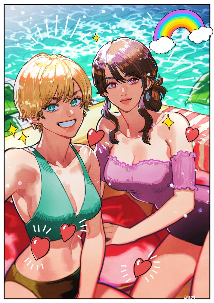 2girls aqua_bikini aqua_eyes bare_shoulders bikini bikini_top_only blonde_hair breasts brown_bikini brown_eyes brown_hair earrings heart highres jewelry long_hair looking_at_viewer medium_breasts multiple_girls navel off_shoulder okada_(hoooojicha) one-piece_swimsuit original parted_lips purple_one-piece_swimsuit rainbow selfie short_hair smile swimsuit water