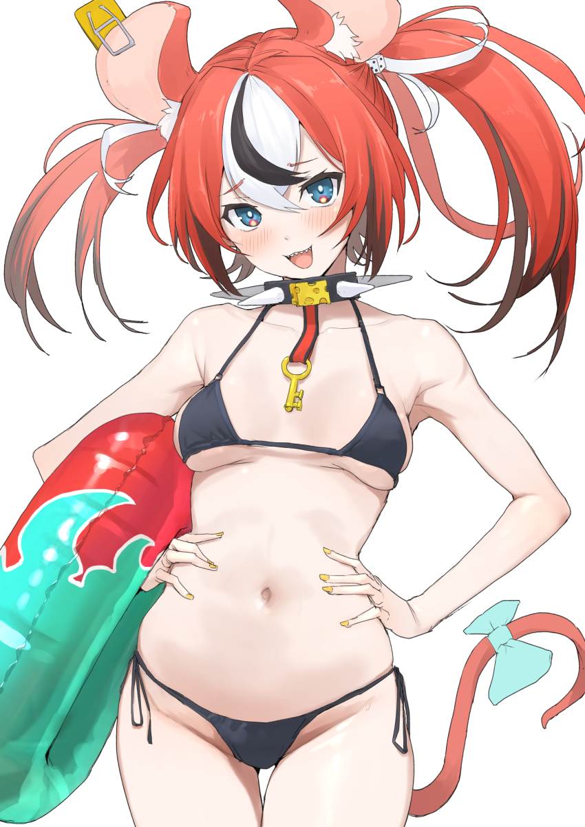 1girl animal_ears bikini black_bikini black_hair blue_eyes breasts cheese collar cowboy_shot dice_hair_ornament food furrowed_brow hair_ornament hakos_baelz hands_on_own_hips highres holding holding_swim_ring hololive hololive_english innertube long_hair looking_at_viewer mitsuru_(pixiv_34028718) mouse_ears mouse_girl mousetrap multicolored_hair navel red_hair sharp_teeth side-tie_bikini_bottom sideboob simple_background small_breasts solo spiked_collar spikes stomach streaked_hair swim_ring swimsuit teeth underboob virtual_youtuber white_background white_hair