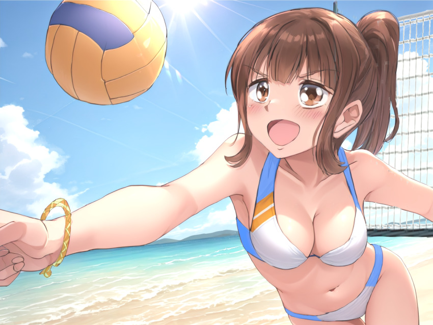 1girl armpits ball beach beach_volleyball bikini blue_bikini blush bracelet breasts brown_eyes brown_hair cleavage eyebrows_hidden_by_hair feet_out_of_frame groin harukana_receive higa_kanata highres jewelry large_breasts lens_flare looking_ahead medium_hair mountainous_horizon navel ocean open_mouth ponytail smile solo sun swimsuit tamura_ten tan tanline thigh_gap two-tone_bikini volleyball volleyball_(object) volleyball_net white_bikini