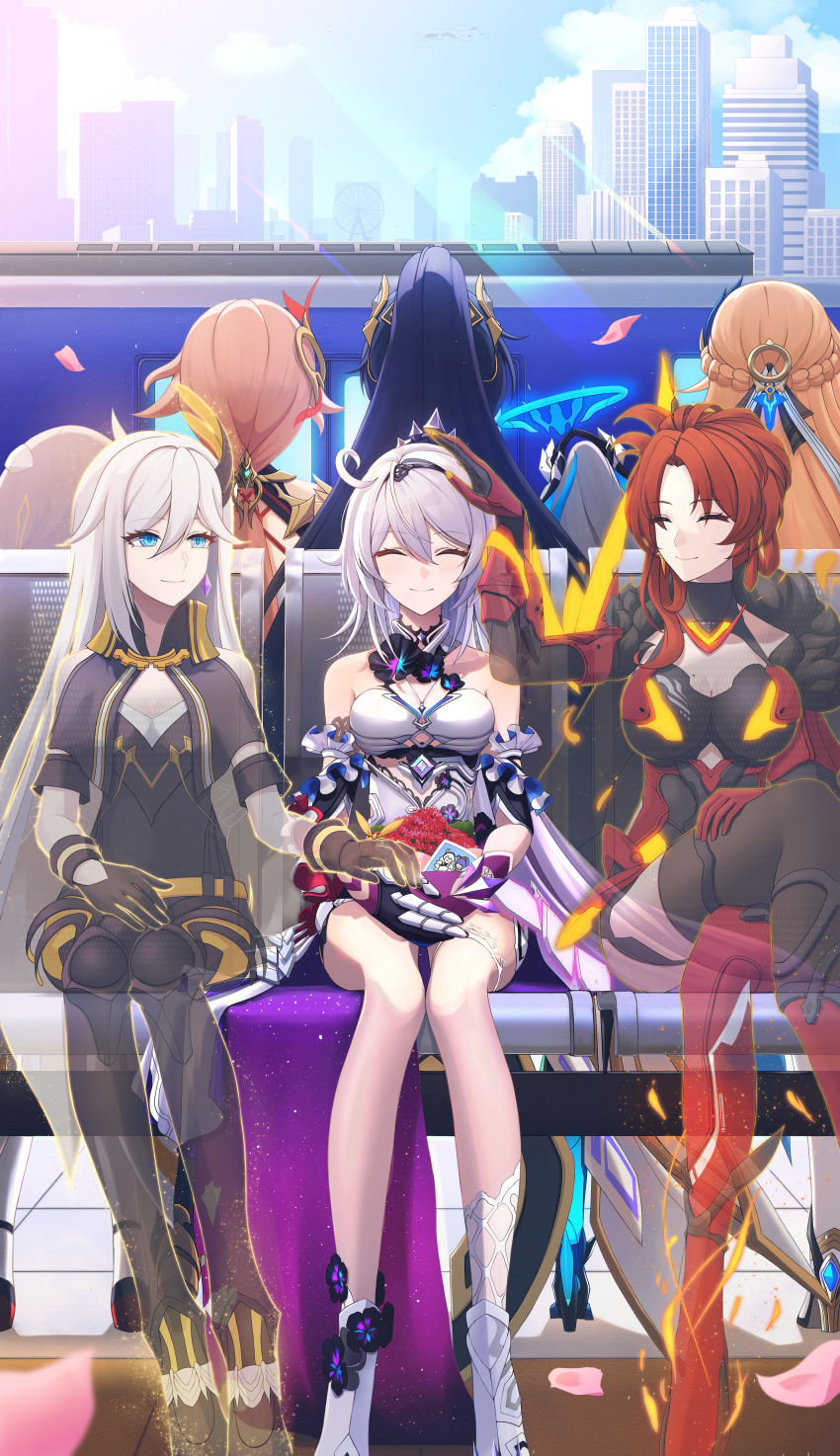 6+girls absurdres armored_leotard bare_shoulders birthday black_pants black_shirt blonde_hair bronya_zaychik bronya_zaychik_(herrscher_of_truth) cecilia_schariac city commentary_request dead_angels dress durandal_(honkai_impact) durandal_(palatinus_equinox)_(honkai_impact) fu_hua fu_hua_(phoenix) ghost grey_hair half_up_braid halo hand_on_another&#039;s_head hand_on_another&#039;s_lap high_ponytail highres honkai_(series) honkai_impact_3rd kiana_kaslana kiana_kaslana_(herrscher_of_finality) leotard long_hair multiple_girls murata_himeko murata_himeko_(vermillion_knight) pants ponytail purple_hair raiden_mei raiden_mei_(herrscher_of_origin) red_hair red_leotard shirt sitting theresa_apocalypse train_station white_dress white_hair