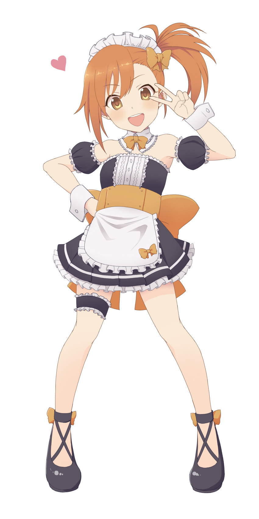 1girl :d absurdres alternate_costume detached_collar detached_sleeves durandal_(kei) enmaided frills full_body hand_on_own_hip heart highres maid maid_headdress misogi_(princess_connect!) open_mouth orange_hair princess_connect! puffy_short_sleeves puffy_sleeves short_sleeves side_ponytail smile solo strapless v v_over_eye white_background wrist_cuffs yellow_eyes