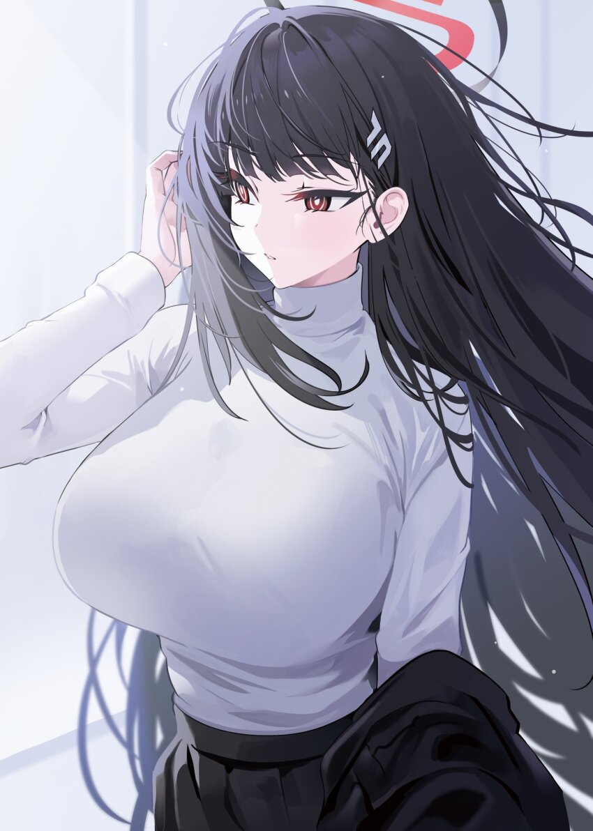 1girl black_hair blue_archive blunt_bangs blush breasts bright_pupils floating_hair hair_ornament hairclip halo highres huge_breasts long_hair long_sleeves red_eyes rio_(blue_archive) solo sweater turtleneck turtleneck_sweater very_long_hair white_pupils white_sweater yuki_(asayuki101)