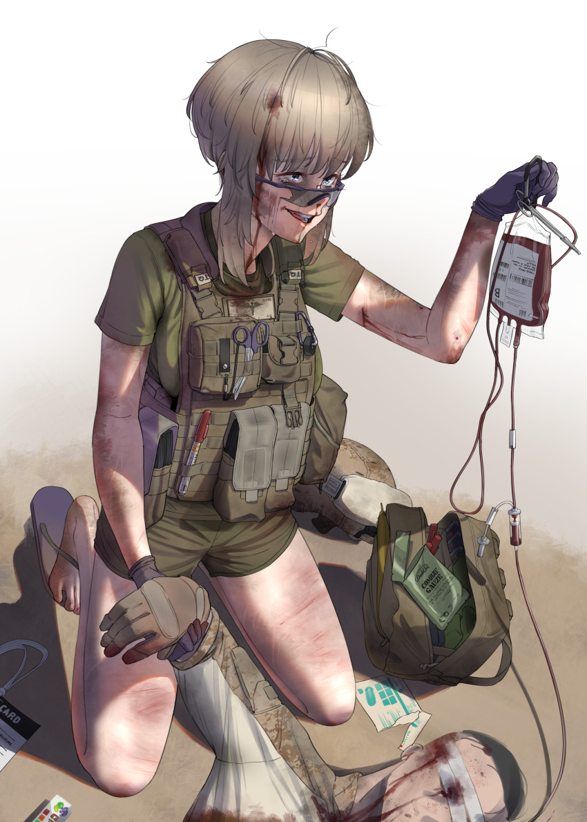 1boy 1girl absurdres bandages bandages_over_eyes blonde_hair blood blood_bag blood_on_face crying dirty first_aid gloves green_shirt hand_grab highres injury kneeling load_bearing_vest military_combat_uniform military_uniform original puto_trash sandals scissors shirt shorts soldier sunglasses t-shirt textless_version