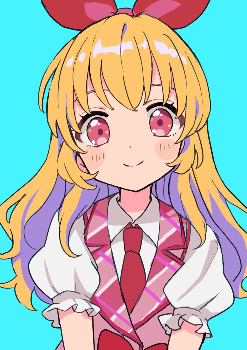 1girl aikatsu! aikatsu!_(series) bad_id bad_twitter_id blonde_hair blue_background bow closed_mouth collared_shirt hair_bow highres hoshimiya_ichigo long_hair looking_at_viewer necktie ogura_(sao_no) pink_eyes puffy_short_sleeves puffy_sleeves red_bow red_necktie shirt short_sleeves simple_background smile solo upper_body vest white_shirt