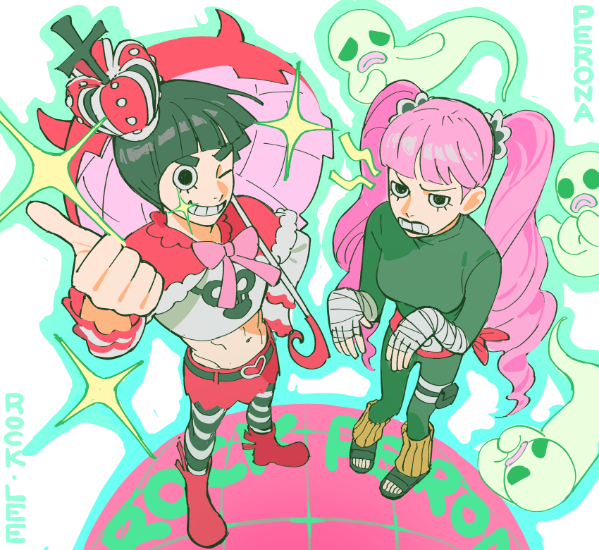 1boy 1girl arched_crown bandages bodysuit bowl_cut cross_pendant crossdressing crown fur-trimmed_poncho ghost green_bodysuit green_jumpsuit highres holding holding_umbrella jumpsuit lower_eyelashes_only naruto naruto_(series) nyan_2020 one_piece perona pink_hair poncho red_poncho rock_lee umbrella