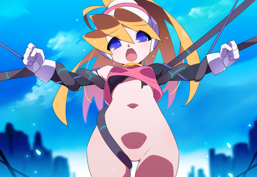 1girl blonde_hair blue_eyes blurry blurry_background ciel_(mega_man) commission cowboy_shot high_ponytail kaidou_zx long_hair mega_man_(series) mega_man_zero_(series) no_pussy outdoors pink_shirt pixiv_commission restrained shirt sleeveless sleeveless_shirt solo variant_set