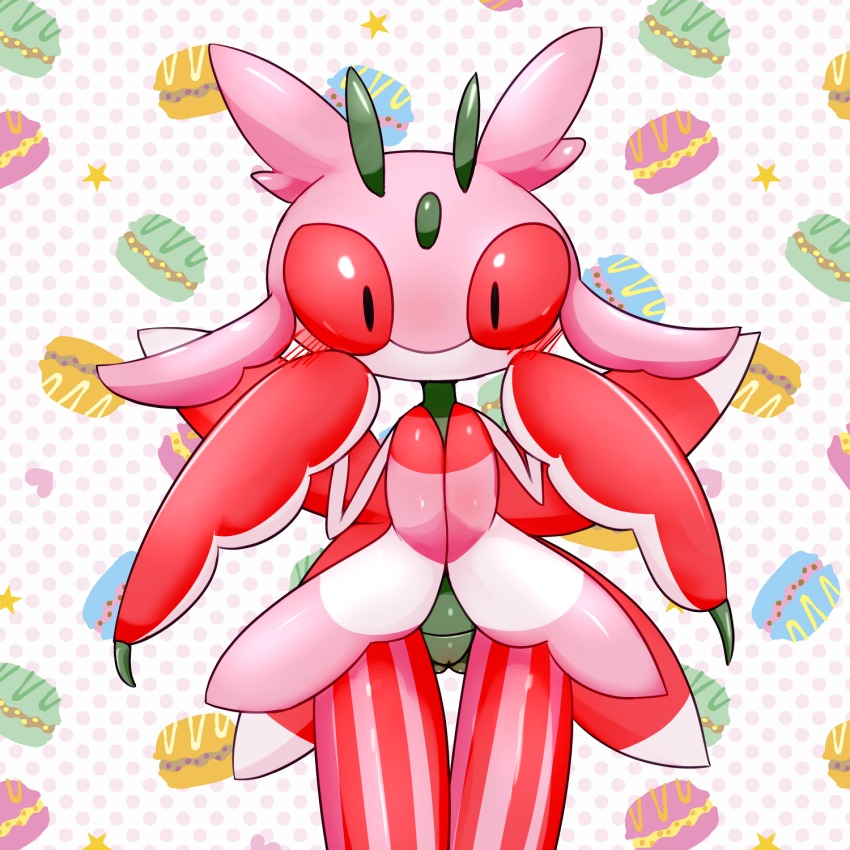 1girl antennae arthropod_girl black_eyes blush colored_sclera cottontail creatures_(company) female_focus food food_focus game_freak gen_7_pokemon hands_up highres looking_at_viewer lurantis macaroon nintendo no_humans no_mouth pink_sclera pinstripe_pattern pokemon pokemon_(creature) pokemon_sm pussy shiny_skin solo standing star_(symbol) striped thigh_gap uncensored white_background