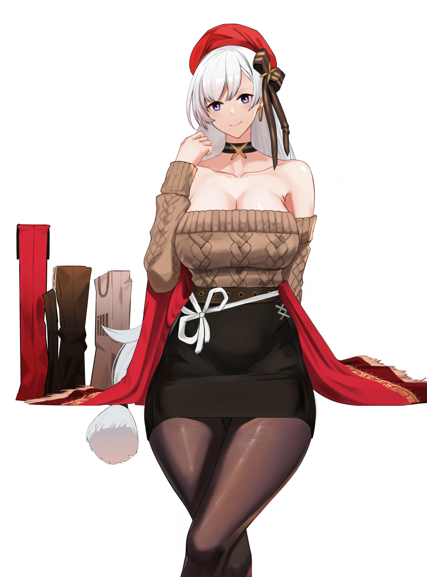 1girl absurdres aran_sweater azur_lane bare_shoulders belfast_(azur_lane) belfast_(shopping_with_the_head_maid)_(azur_lane) beret black_bow black_choker black_skirt bow breasts brown_pantyhose brown_sweater cable_knit choker cleavage collarbone commentary_request earrings feet_out_of_frame h0shiidesu hair_bow hand_up hat highres jewelry large_breasts long_hair long_sleeves looking_at_viewer off-shoulder_sweater off_shoulder pantyhose pencil_skirt purple_eyes red_hat simple_background skirt smile solo sweater thighs very_long_hair white_background white_hair