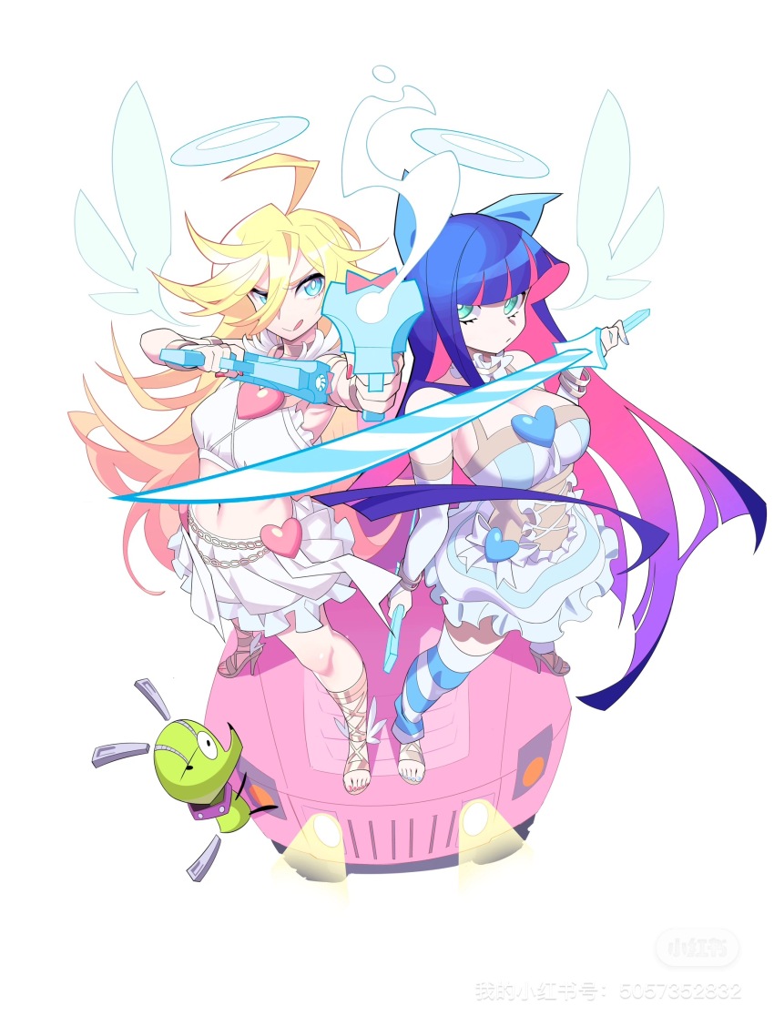 2girls absurdres ahoge blonde_hair blue_eyes blue_hair blue_nails breasts bright_pupils car chuck_(psg) colored_inner_hair dress dual_wielding gun halo high_heel_sandals high_heels highres holding holding_gun holding_sword holding_weapon katana large_breasts long_hair midriff motor_vehicle multicolored_hair multiple_girls navel on_car panty_&amp;_stocking_with_garterbelt panty_(psg) pink_hair pink_nails skirt stocking_(psg) sword tlotro weapon white_pupils