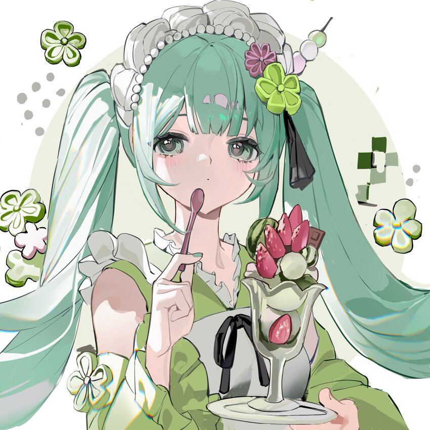 1girl absurdres alternate_costume apron detached_sleeves food food-themed_hair_ornament frills fruit green_eyes green_hair green_nails hair_ornament hatsune_miku highres holding holding_plate holding_spoon ice_cream jewelry long_hair long_sleeves neonneon321 parfait plate sidelocks simple_background sleeveless solo spoon strawberry twintails upper_body very_long_hair vocaloid