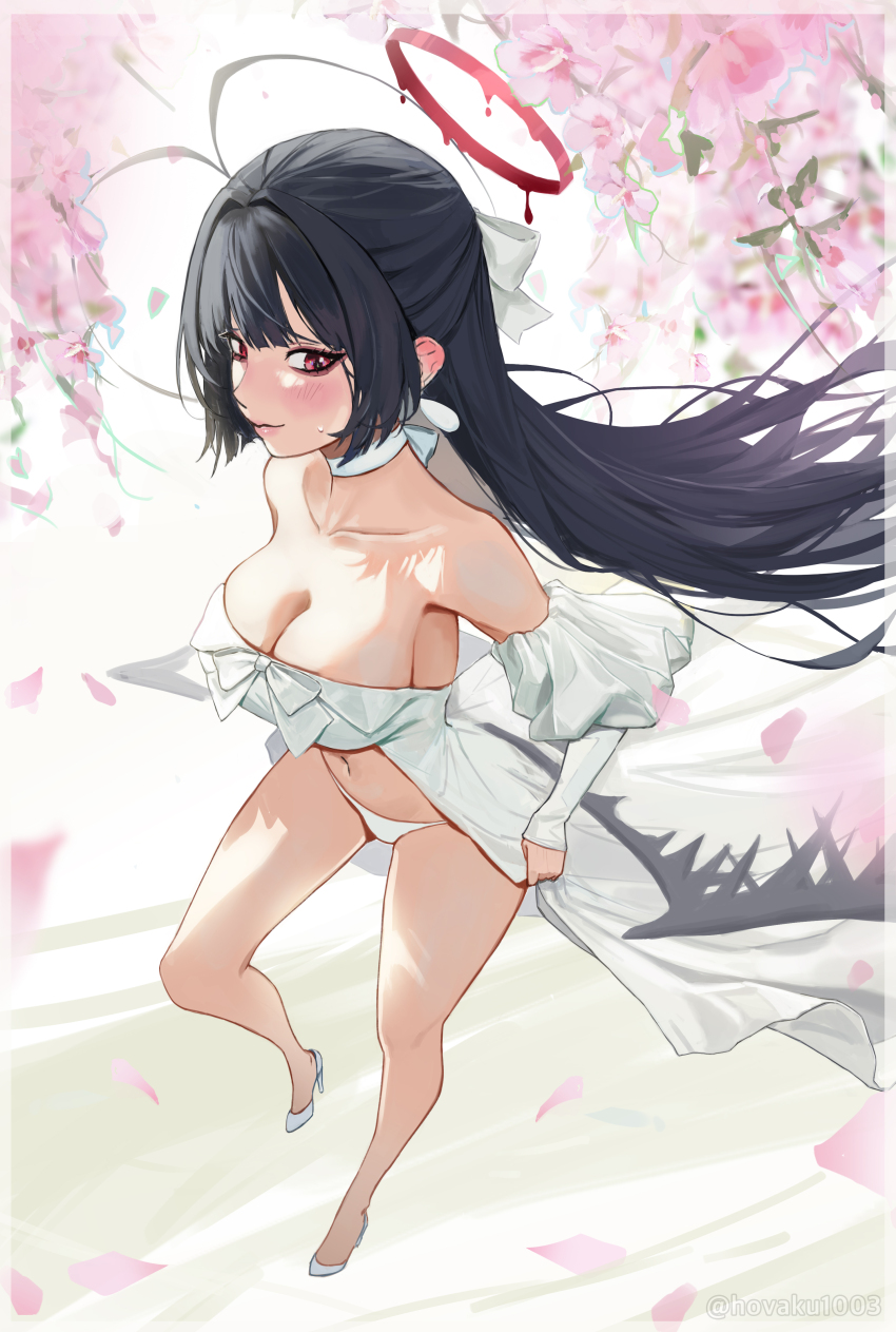 1girl absurdres adapted_costume antenna_hair black_hair black_wings blue_archive blush breasts center_opening cleavage closed_mouth collarbone commentary detached_sleeves dress flower foreshortening from_side halo high_heels highres hovaku large_breasts looking_at_viewer low_wings melting_halo navel official_alternate_costume pink_flower red_eyes red_halo solo tsurugi_(blue_archive) tsurugi_(dress)_(blue_archive) white_dress white_footwear wings