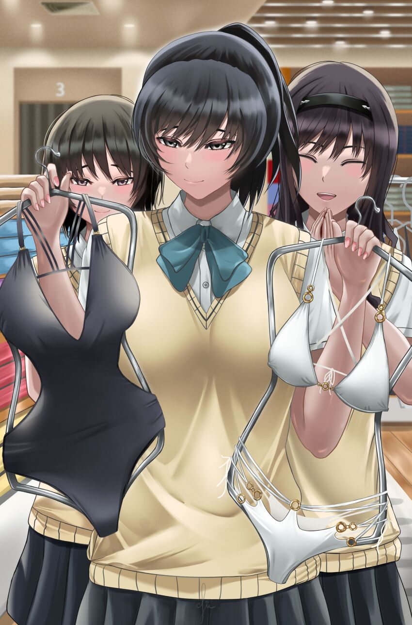 3girls absurdres amagami bikini black_eyes black_hairband black_one-piece_swimsuit black_skirt blue_bow blue_bowtie bow bowtie closed_eyes closed_mouth clothes_hanger collared_shirt cowboy_shot fie_nanoo hairband highres holding holding_unworn_clothes holding_clothes_hanger holding_swimsuit holding_unworn_clothes indoors kibito_high_school_uniform long_hair looking_at_viewer looking_to_the_side morishima_haruka multiple_girls nanasaki_ai one-piece_swimsuit parted_lips pleated_skirt school_uniform shirt shopping short_hair short_sleeves skirt smile sweater_vest swimsuit swimsuit_hanger tsukahara_hibiki white_bikini white_shirt yellow_sweater_vest