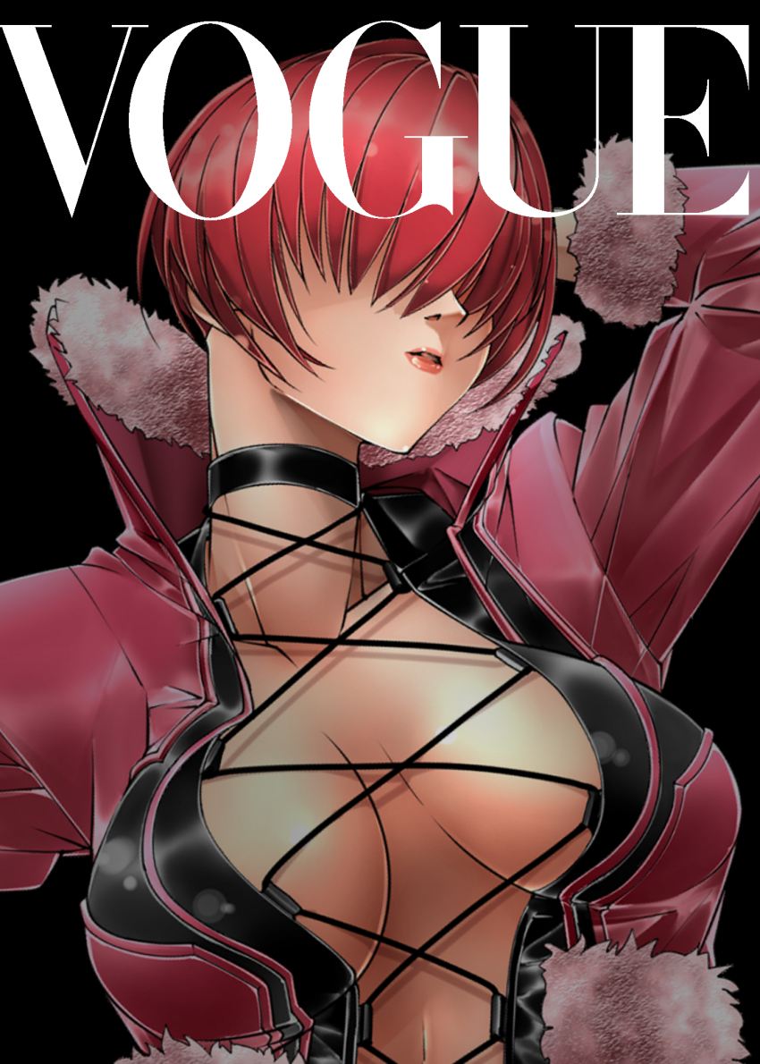 1girl breasts caiman_(artist) cleavage cover curvy female_focus fishnets fluffy huge_breasts jacket large_breasts long_hair magazine_cover pale_skin red_hair shermie_(kof) the_king_of_fighters