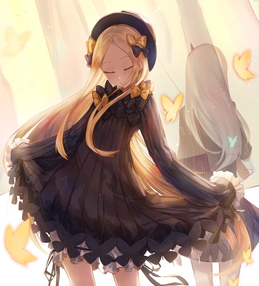 2girls abigail_williams_(fate) absurdres black_bow black_dress black_hat blonde_hair bloomers bow bug butterfly closed_eyes closed_mouth commentary_request dress eisuto facing_away facing_viewer fate/grand_order fate_(series) forehead hair_bow hat head_tilt highres insect lavinia_whateley_(fate) long_hair long_sleeves multiple_girls orange_bow parted_bangs polka_dot polka_dot_bow silver_hair sleeves_past_fingers sleeves_past_wrists standing underwear very_long_hair white_bloomers