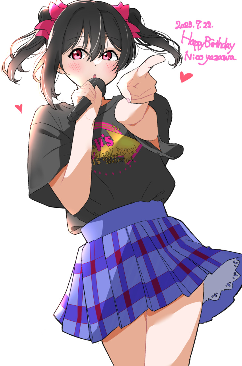 1girl :o asymmetrical_sidelocks black_hair black_shirt blue_skirt blush character_name commentary_request cowboy_shot dated happy_birthday heart highres holding holding_microphone liz_(piyoko_piyop) logo_print looking_at_viewer love_live! love_live!_school_idol_project microphone miniskirt plaid_clothes plaid_skirt pleated_skirt pointing pointing_at_viewer print_shirt red_eyes shirt short_sleeves sideways_glance simple_background skirt solo t-shirt twintails white_background yazawa_nico