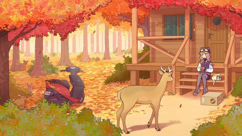 1girl animal_hat autumn autumn_leaves black_shorts blue_eyes blue_hat boots box cardboard_box cat cat_hat commentary cup deer english_commentary forest goggles goggles_on_headwear hat highres holding holding_cup hood hood_down hooded_jacket house jacket leaf long_hair looking_at_animal motor_vehicle nature nemupan official_art outdoors pink_footwear pink_hair promotional_art purple_jacket scooter shorts sitting sitting_on_stairs solo stairs steam_(platform) steam_delivery_girl twintails wooden_house