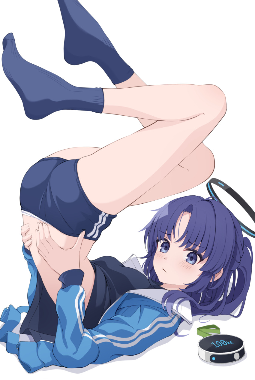 1girl arm_support ass bare_back blue_archive blue_buruma blue_jacket blue_skirt blush buruma commentary gym_uniform halo highres jacket legs legs_up long_hair looking_at_viewer lying mechanical_halo no_shoes official_alternate_costume on_back panties panty_peek ponytail purple_eyes purple_hair shijima_(shijima_tc) shirt simple_background skirt socks solo top-down_bottom-up track_jacket underwear yuuka_(blue_archive) yuuka_(track)_(blue_archive)