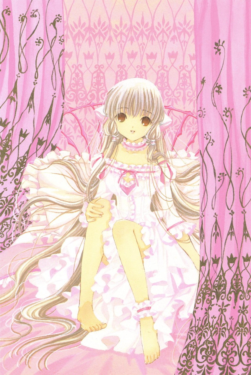 1girl absurdres blonde_hair brown_eyes chii chobits clamp_(circle) cleavage_cutout clothing_cutout dress frilled_dress frills highres lolita_fashion long_hair off-shoulder_dress off_shoulder official_art pink_theme sitting solo traditional_media very_long_hair