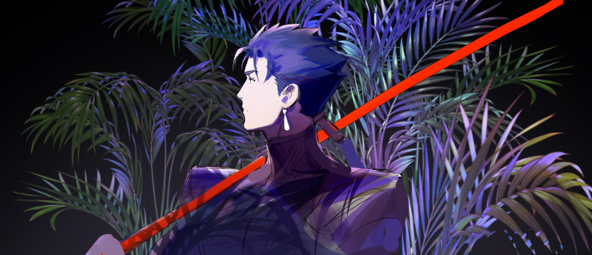 1boy arm_up armor black_armor black_background blue_hair closed_mouth cu_chulainn_(fate) cu_chulainn_(fate/stay_night) ear_piercing earrings fate/stay_night fate_(series) highres holding holding_polearm holding_weapon jewelry looking_to_the_side male_focus palm_leaf piercing plant polearm ponytail profile short_hair_with_long_locks solo upper_body weapon yarr