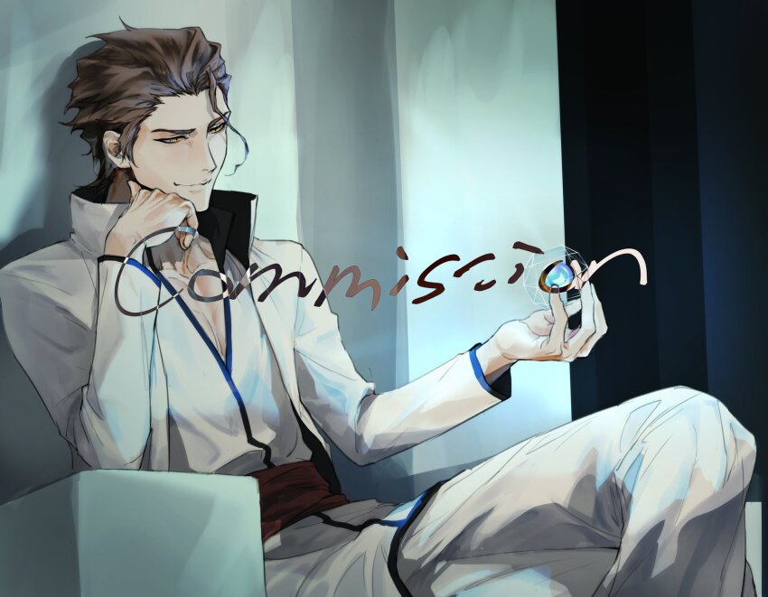 1boy aizen_sousuke bleach brown_eyes brown_hair closed_mouth collared_shirt commentary_request commission crossed_legs feet_out_of_frame hair_between_eyes hair_slicked_back hakama hand_up highres hogyoku_(bleach) holding indoors japanese_clothes korean_commentary long_sleeves looking_at_object losloslaus male_focus mature_male nose red_sash sash shirt short_hair sitting sitting_on_throne smile solo throne v-shaped_eyebrows white_hakama white_shirt