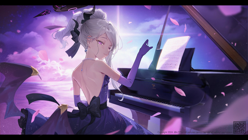 1girl 777_(egoarts) backless_dress backless_outfit black_halo black_horns blue_archive closed_mouth cloud commentary copyright_notice dress earrings elbow_gloves falling_petals gloves grey_hair halo hand_up highres hina_(blue_archive) hina_(dress)_(blue_archive) horns instrument jewelry letterboxed long_hair looking_at_viewer looking_back necklace official_alternate_costume pearl_necklace petals piano purple_dress purple_eyes purple_gloves purple_wings sheet_music sitting sky smile solo wings