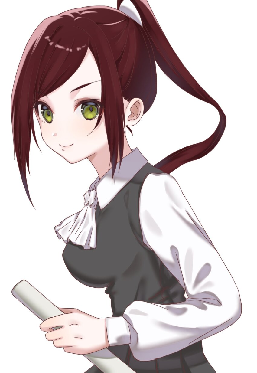 1girl ascot green_eyes high_ponytail highres holding holding_sword holding_weapon kimi_no_koto_ga_dai_dai_dai_dai_daisuki_na_100-nin_no_kanojo long_hair long_sleeves looking_at_viewer ponytail puffy_long_sleeves puffy_sleeves red_hair shinai shirt simple_background smile solo sword torotoro_kishika upper_body vgvgkuwvpwp5ogp weapon white_ascot white_background white_shirt