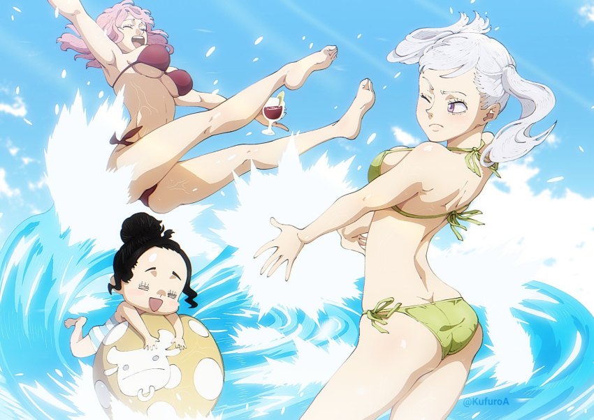 3girls alcohol ass beach bikini black_clover black_hair breasts charmy_papittoson chibi closed_eyes cup drinking_glass drunk feet female_focus from_behind highres kufuro_art large_breasts legs multiple_girls noelle_silva one_eye_closed pink_hair purple_eyes simple_background splashing string_bikini swimsuit thighs twintails underboob vanessa_enoteca water wavy_hair white_hair wine wine_glass