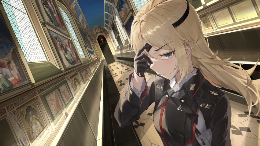 1girl absurdres arm_up black_dress black_gloves blonde_hair blue_eyes chuunibyou dress eyepatch gloves goddess_of_victory:_nikke guillotine_(nikke) half_gloves hallway hand_over_eye highres indoors long_hair looking_at_viewer military military_uniform pray_(furei) shoes skirt solo standing wavy_hair