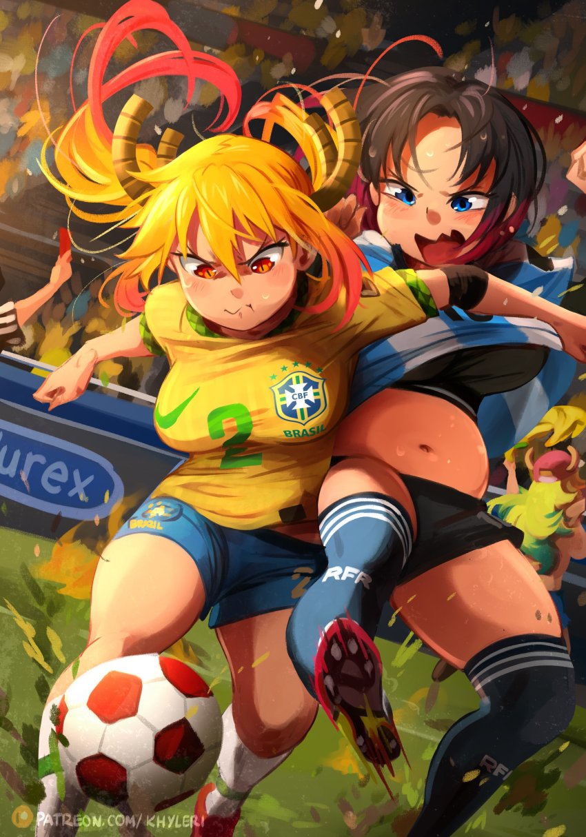 1other 3girls absurdres argentina arms_up ball baseball_cap black_hair black_shorts black_sports_bra blonde_hair blue_eyes blue_shirt blue_shorts blue_socks blush brazil breasts brown_footwear closed_mouth dragon_horns durex dutch_angle elbow_pads elma_(maidragon) feet_out_of_frame flashing foot_out_of_frame furrowed_brow gradient_hair grass green_hair hair_between_eyes hat highres horns khyle. kobayashi-san_chi_no_maidragon large_breasts long_hair looking_at_another lucoa_(maidragon) medium_hair midair midriff_peek motion_blur multicolored_hair multicolored_shirt multiple_girls navel nike_(company) open_mouth orange_eyes over-kneehighs parted_bangs pink_hair plump ponytail red_card red_footwear red_headwear referee shirt short_sleeves shorts sideboob sidelocks skindentation slit_pupils soccer_ball soccer_field soccer_uniform socks sports_bra sportswear straight_hair striped_clothes striped_shirt sweat thighhighs tohru_(maidragon) topless triple_horizontal_stripe tsurime two-tone_hair unworn_shirt wavy_hair wavy_mouth white_shirt white_socks yellow_shirt