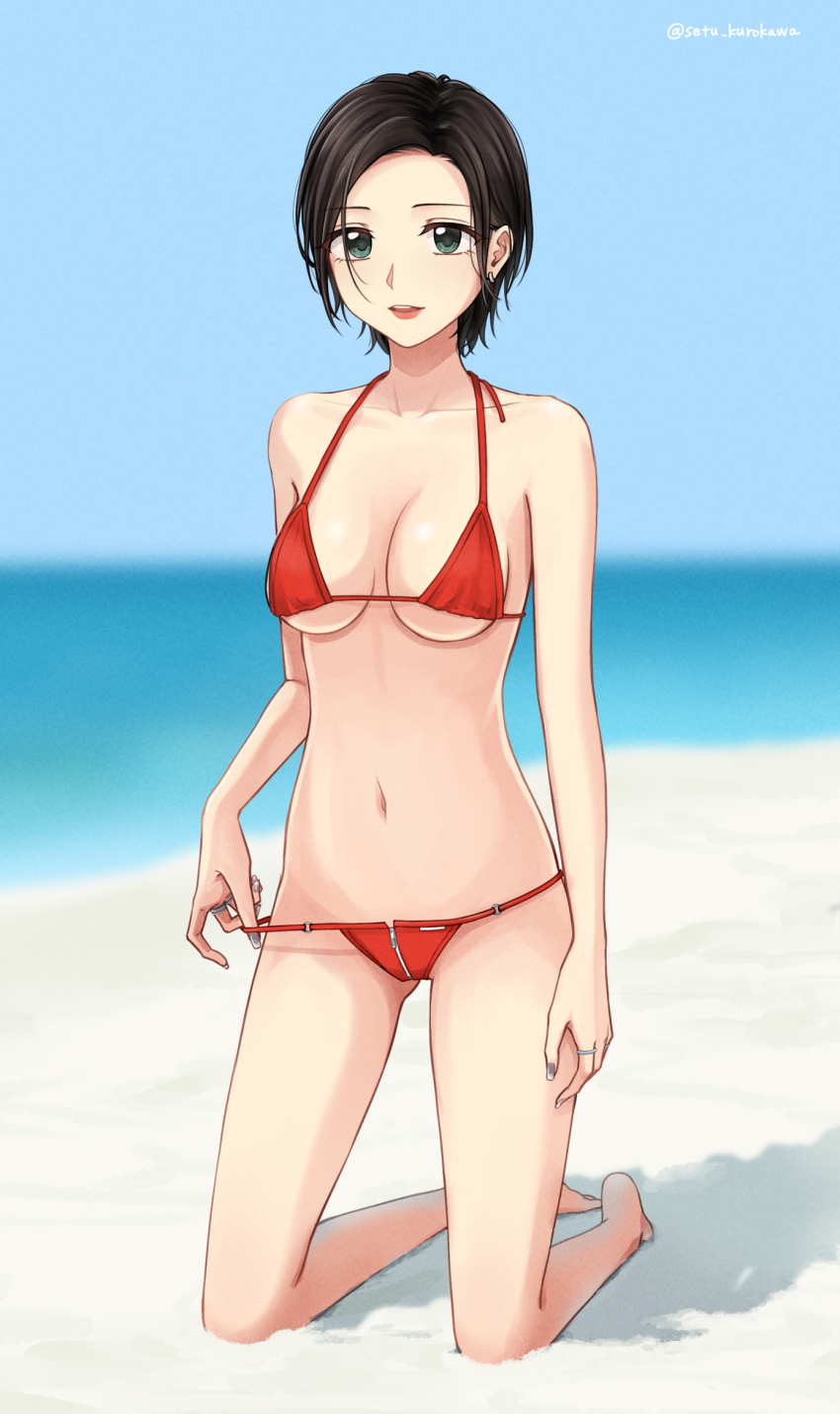 1girl :d barefoot beach bikini black_hair blue_sky breasts collarbone commentary_request commission day forehead green_eyes highres kneeling large_breasts medium_breasts navel ocean open_mouth original outdoors pixiv_commission red_bikini setu_kurokawa short_hair sky smile solo swimsuit tongue