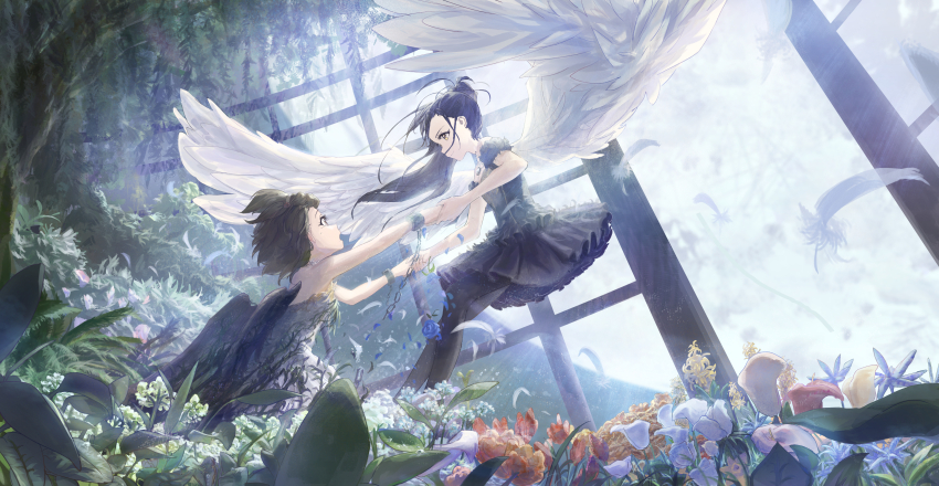 2girls :o absurdres black_dress black_hair black_pantyhose black_wings breaking brown_hair chain commentary cuffs dress english_commentary falling_feathers feathers feet_out_of_frame flower flower_request garden green_flower highres holding_hands indoors kamisaki_hikaru light_particles long_hair medalist_(manga) moon multiple_girls muntins open_mouth pantyhose pink_flower ponytail pulling red_flower shackles short_hair sishenfan smile tree white_flower white_wings wings yellow_eyes yuitsuka_inori