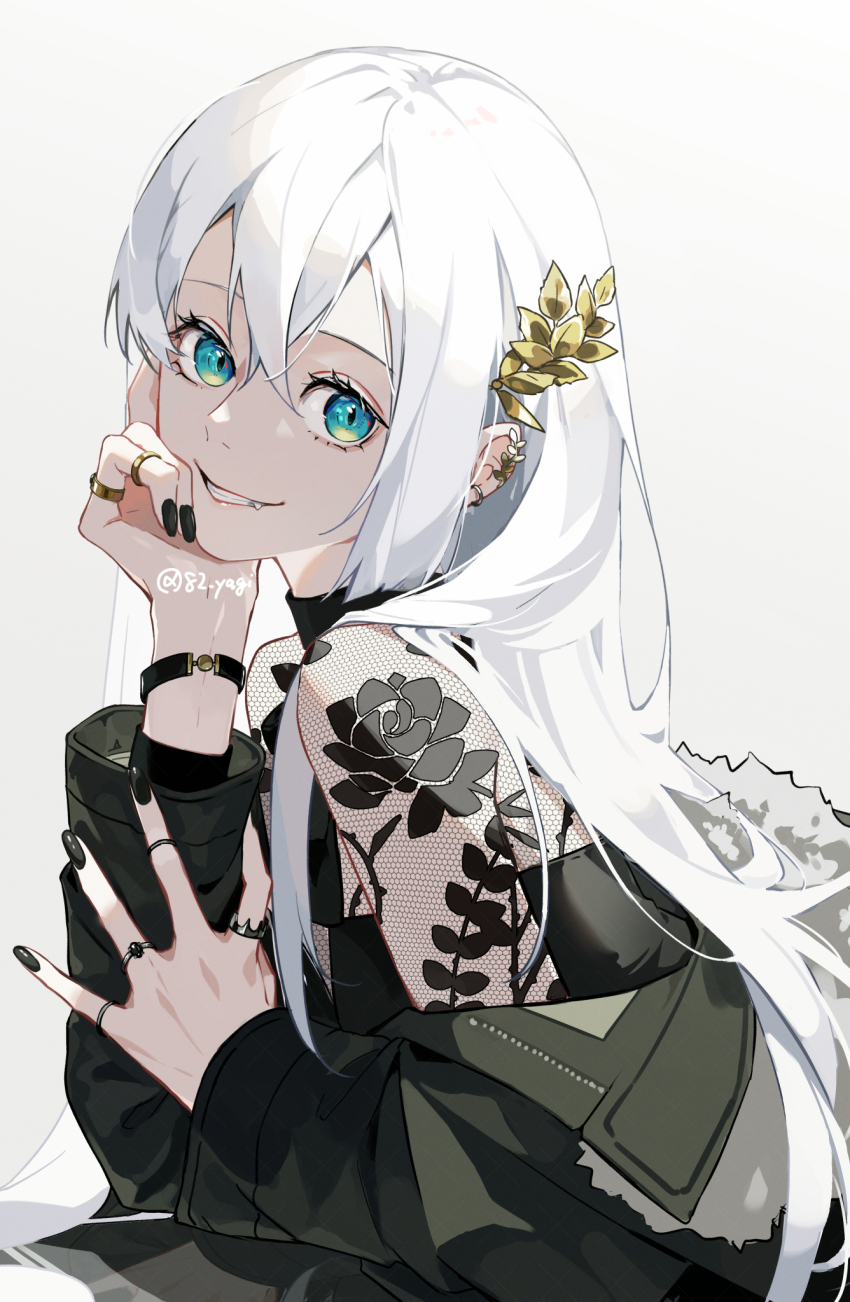 1girl aqua_eyes black_nails bracelet ear_piercing earclip earrings fingernails fur_trim highres jacket jewelry long_fingernails long_hair looking_at_viewer multiple_rings nail_polish original piercing ring simple_background solo white_background white_hair yagi_(shiro_yagi)