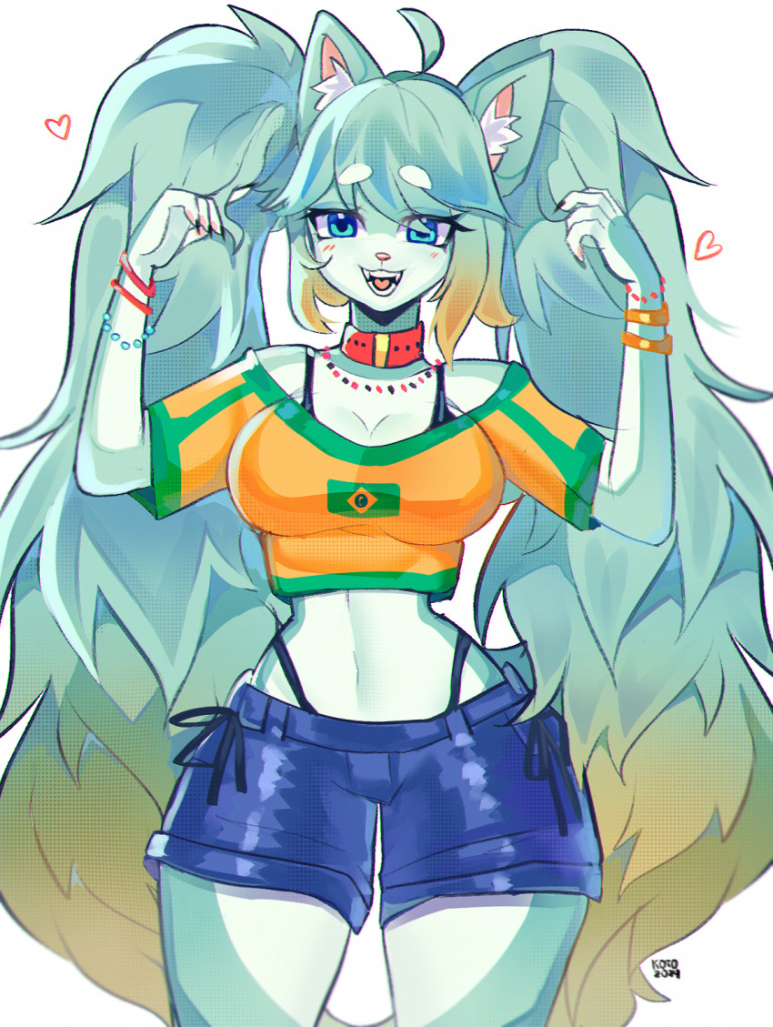 1girl :3 ahoge animal_collar animal_ear_fluff animal_ears animal_hands animal_nose aqua_fur aqua_hair arms_up artist_name bangle bead_bracelet beads big_hair bikini bikini_under_clothes black_bikini blue_eyes blue_shorts blush body_fur bracelet brazilian_flag brazilian_flag_print brazilian_miku breasts cat_ears cat_girl claws cleavage collar crop_top dated fangs female_focus flag_print gradient_hair green_trim halftone happy hatsune_miku heart heart_in_mouth highleg highleg_bikini jewelry koto_(kotopro) light_blush long_hair looking_at_viewer medium_breasts midriff multicolored_hair multiple_bracelets navel off-shoulder_shirt off_shoulder open_mouth orange_hair orange_shirt pawpads print_shirt shirt short_shorts short_sleeves shorts side-tie_shorts sidelocks signature simple_background smile solo standing stomach swept_bangs swimsuit teeth thick_eyebrows thick_thighs thighs tongue twintails two-tone_fur two-tone_hair very_long_hair vocaloid white_background white_fur wide_hips