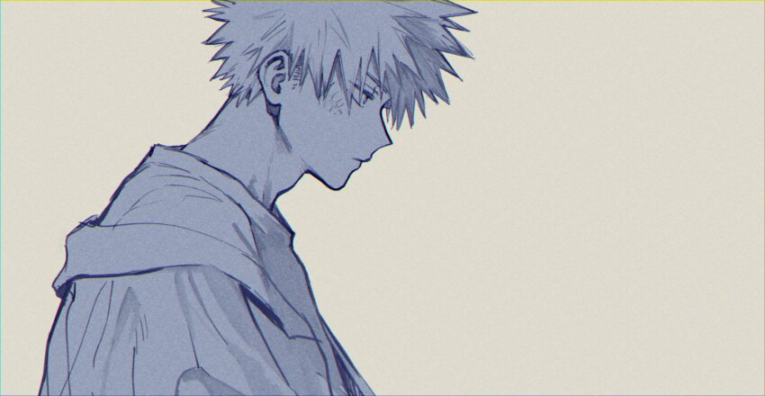 1boy adam&#039;s_apple bakugou_katsuki boku_no_hero_academia closed_mouth cream_background facial_scar head_down hospital_gown looking_ahead male_focus multiple_monochrome profile scar scar_on_cheek scar_on_face short_hair simple_background solo spiked_hair tanikudayo upper_body