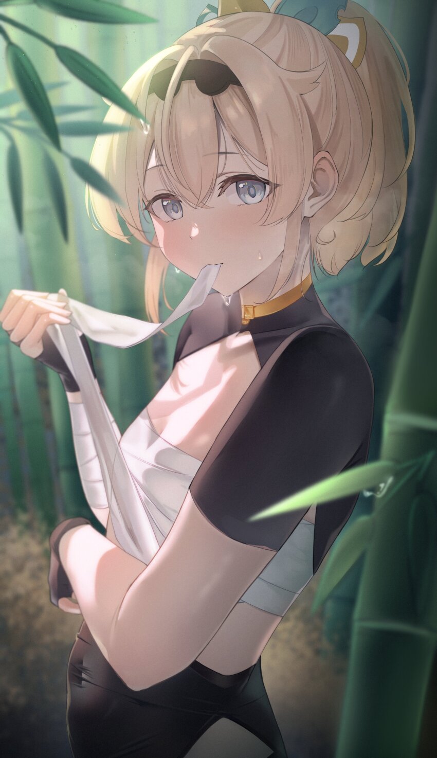 1girl absurdres aqua_eyes bamboo bamboo_forest bandaged_arm bandages bike_shorts blonde_hair bow chest_sarashi covered_navel fingerless_gloves forest gloves hair_between_eyes hair_bow hairband highres hololive kazama_iroha kazama_iroha_(1st_costume) leaf looking_at_viewer medium_hair mouth_hold nature nekoi_(nekoi_0116) ponytail sarashi shrug_(clothing) solo steaming_body sweat virtual_youtuber