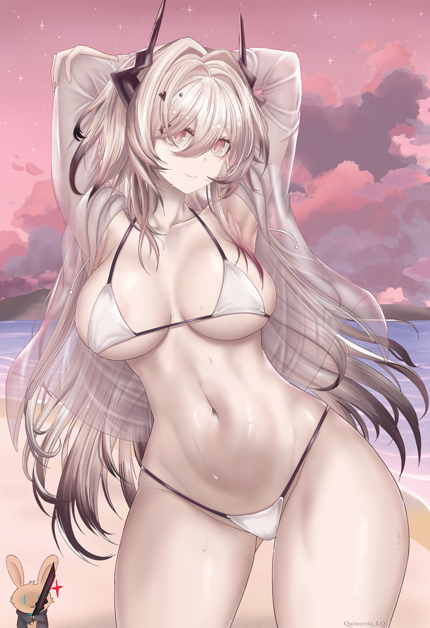 1girl arknights armpits arms_behind_head arms_up beach bikini black_hair breasts cleavage closed_mouth cloud cloudy_sky contrapposto gluteal_fold gradient_hair hair_between_eyes highres horns large_breasts looking_at_viewer multicolored_hair navel ocean outdoors pink_eyes pink_hair quintesia_lq skindentation sky smile solo stuffed_animal stuffed_rabbit stuffed_toy swimsuit theresa_(arknights) white_bikini