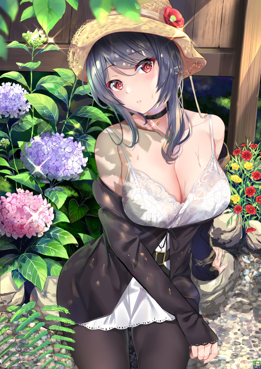 1girl bell belt black_hair black_jacket black_legwear breasts choker cleavage dress flower garden hat hat_flower highres hydrangea jacket large_breasts leaf light_rays looking_at_viewer muka_tsuku neck_bell original parted_lips red_eyes rock school_uniform short_dress sidelocks signature sparkle standing straw_hat sweat white_dress wooden_wall