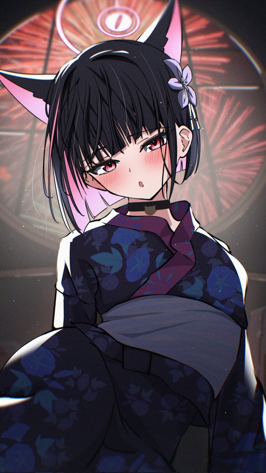 1girl animal_ears black_choker black_hair blue_archive blue_kimono blue_sash blush cat_choker cat_ears cat_girl choker colored_inner_animal_ears colored_inner_hair extra_ears fireworks floral_print floral_print_kimono flower hair_flower hair_ornament highres japanese_clothes kazu_(kauk3753) kazusa_(blue_archive) kimono looking_at_viewer multicolored_hair obi pink_eyes print_kimono sash white_flower