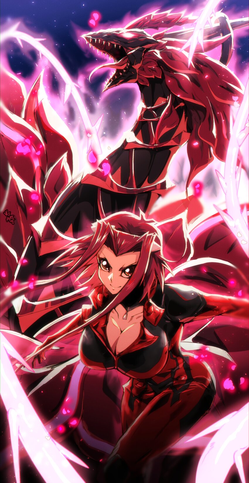 1girl absurdres biker_clothes bikesuit black_rose_dragon bodysuit breasts brown_eyes cleavage collarbone commentary dragon duel_monster english_commentary hair_ornament hair_rollers highres izayoi_aki jewelry large_breasts long_bangs looking_at_viewer petals red_hair rose_petals sharp_teeth smile solo teeth vincent_graphic_art western_dragon yu-gi-oh! yu-gi-oh!_5d&#039;s