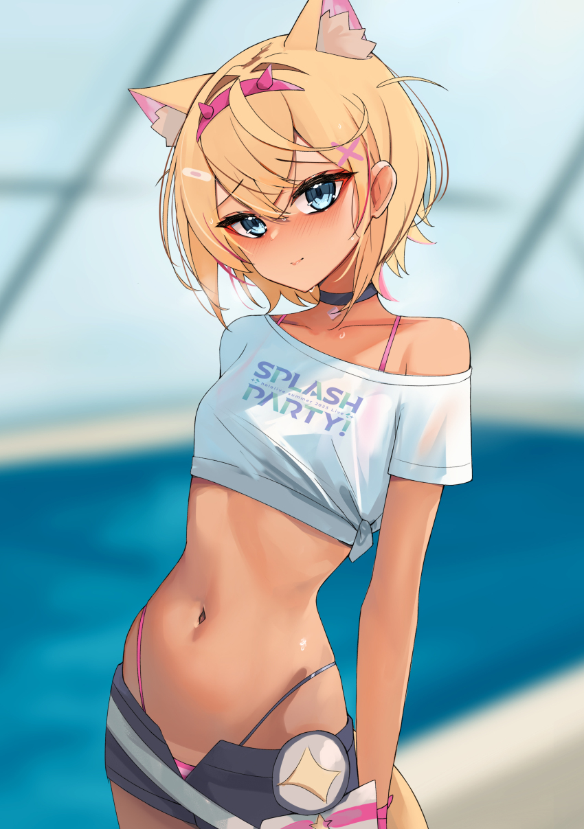 1girl absurdres animal_ear_fluff animal_ears bikini bikini_under_clothes black_choker blonde_hair blue_eyes blue_shorts blush breasts choker cropped_shirt dog_ears dog_girl dog_tail hair_ornament highres hololive hololive_english hololive_summer_2023_swimsuit looking_at_viewer medium_hair midriff mococo_abyssgard multicolored_hair navel open_fly panty_straps pink_bikini pink_hair pool rei_no_pool rifufu shirt short_shorts shorts small_breasts solo streaked_hair striped_bikini striped_clothes swimsuit tail virtual_youtuber water white_shirt x_hair_ornament