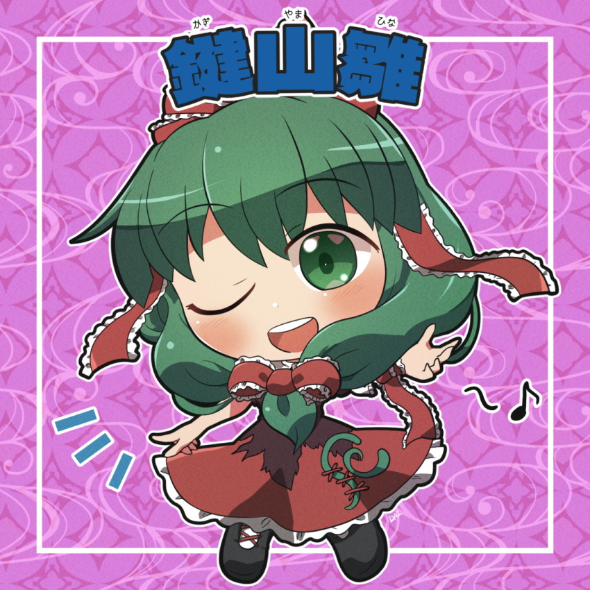 1girl ;d black_footwear blush bow character_name commentary_request dress eighth_note frilled_bow frilled_dress frills front_ponytail full_body green_eyes green_hair hair_bow kagiyama_hina long_hair looking_at_viewer musical_note notice_lines one_eye_closed open_mouth outline pink_background red_bow red_dress rokugou_daisuke signature smile solo standing teeth touhou upper_teeth_only white_outline