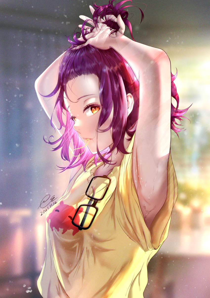 1girl armpits arms_up bones_(company) glasses godzilla_(series) godzilla_singular_point hair_ornament hair_scrunchie highres kamino_mei long_hair looking_at_viewer orange_(company) orange_eyes purple_hair scrunchie seminohazuki shirt sweat nervous_sweating toho yellow_eyes yellow_shirt