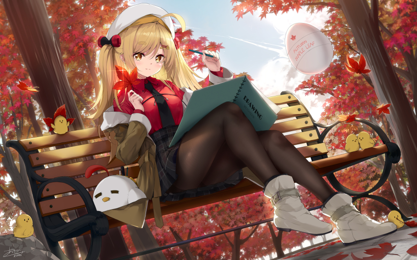 Asahi Kuroi Original Sitting On Bench Highres Girl Ahoge Artist Name Autumn Autumn